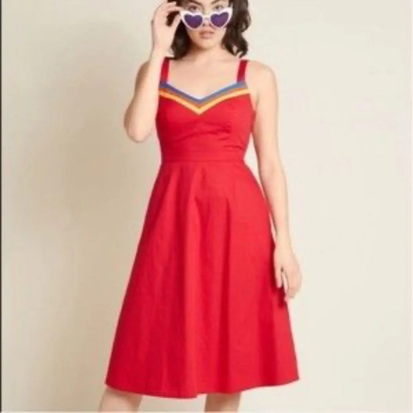 Modcloth Red Dress with Multicolor Trim - Picture 2 of 3
